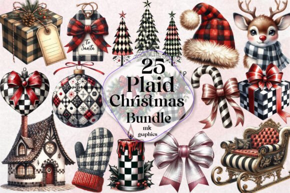 Black White Plaid Christmas Bundle Illustrations