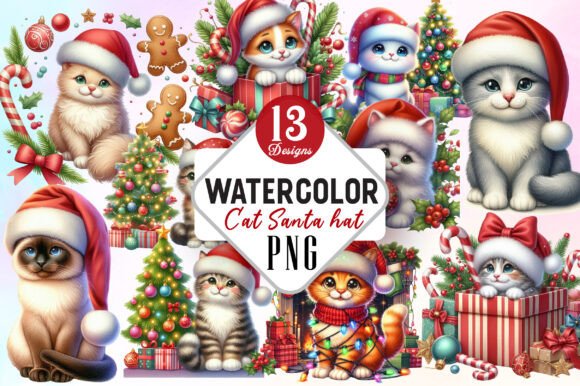 Christmas Cat Santa Hat Clipart: Festive Illustrations