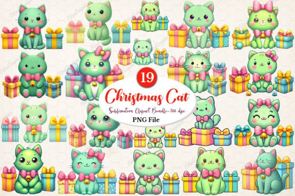 Cute Green Christmas Cat Clipart Bundle: Illustrations Review