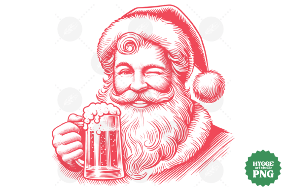 Funny Santa with Beer Vintage Christmas Illustrations