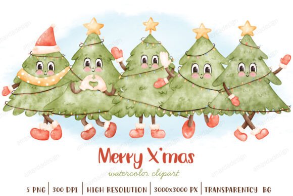 Groovy Retro Christmas Tree Watercolor: Illustrations