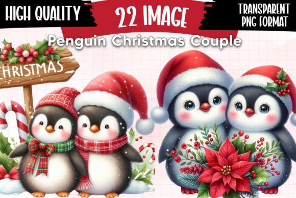 Penguin Christmas Couple in Love Illustrations