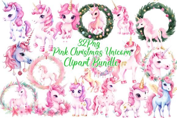 Pink Christmas Unicorn Clipart: Festive Illustrations