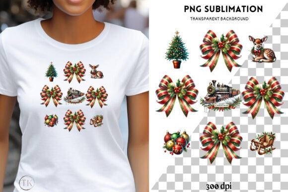 Red and Green Coquette Christmas Bow PNG Illustrations