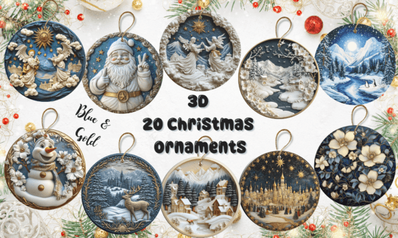 Review: 3D - 20 Christmas Ornaments Blue Gold Illustrations