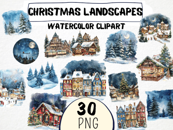 Watercolor Christmas Landscapes Clipart Review